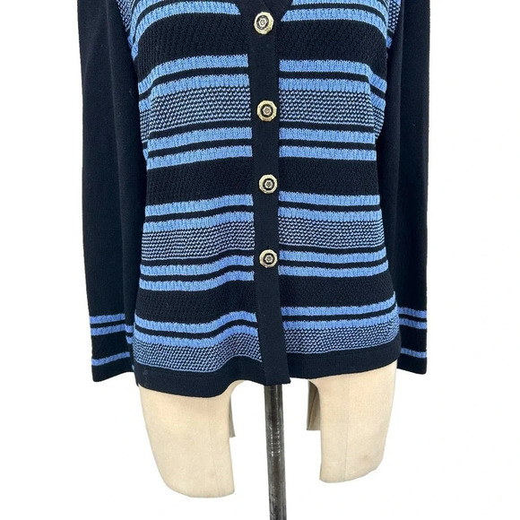 St. John Collection Santana Knit Black Blue Stripe‎ Cardigan Sweater Size 4 - Picture 3 of 8